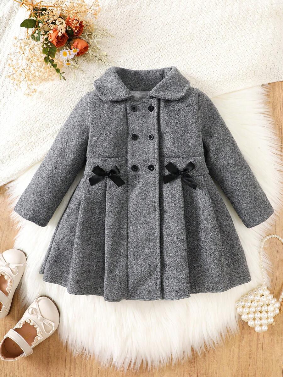 女婴休闲翻领双排扣蝴蝶结装饰外套，保暖冬季外套