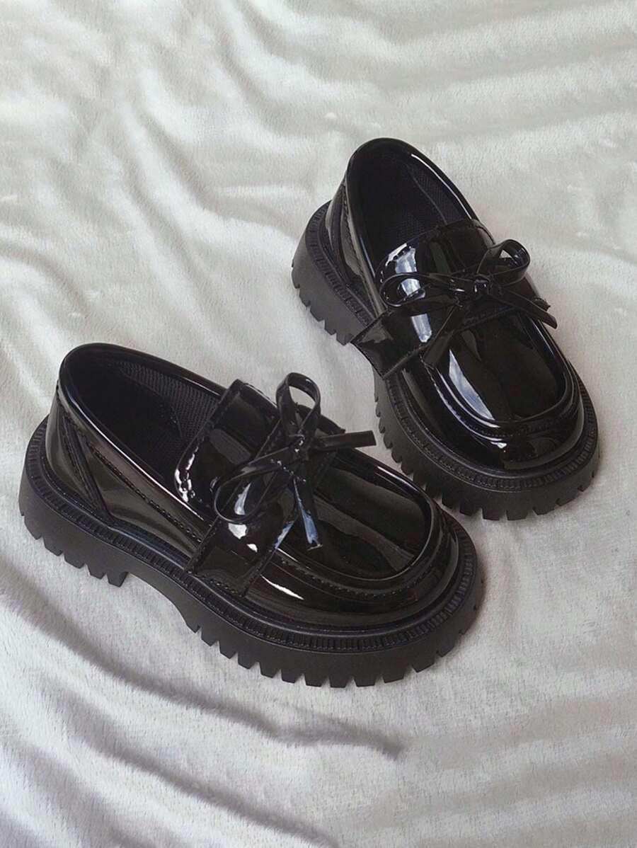 2025新款蝴蝶结百搭儿童皮鞋韩版时尚女童平底鞋适合学生舞会 - 黑色 - 查看 1