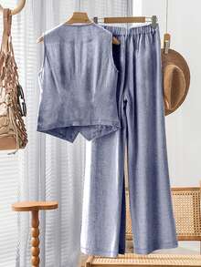Women's Casual Summer Vacation Linen-Look Sleeveless Blazer & Wide Leg Pants Set