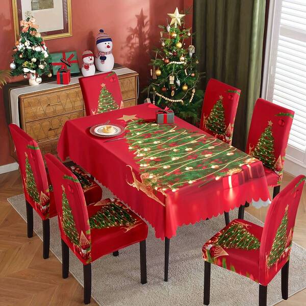 7pcs Christmas Themed Party Supplies Set: 1pc Printed Tablecloth, 6pcs Chair Covers For Decorating Dining Table