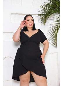 Plus Size Women's Off-The-Shoulder Short Wrap Dress Short Sleeve Mullet Sexy Neckline - 黑色 - 查看 5