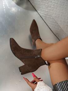 1 双棕色尖头踝靴和短靴女士纯色优雅波西米亚派对时尚复古户外派对侧拉链尖头高跟女靴粗跟时尚短靴派对户外秋冬经典切尔西靴 - 棕色 - 查看 8