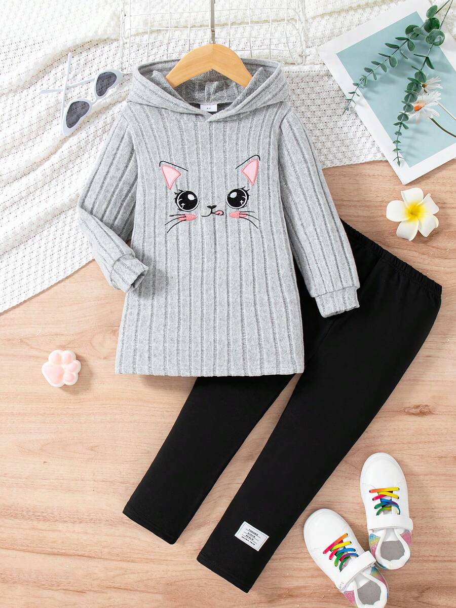 2pcs Girls Casual Embroidered Cartoon Hooded Long Sleeve Knit Top And Pants Set, Spring/Autumn - Light Grey - View 1