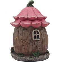 تمثال بيت الأساطير الربيعية من الراتنج - كوخ خيالي بسقف وردي وتفاصيل زهرية، مثالي لديكور حديقة خارجية، زخرفة الباحة، موضوع عالم السحر والخيال، هدية عيد ميلاد مثالية