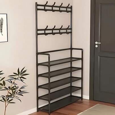 5-Tier All-Metal Shoe & Coat Rack With Integrated Hanging Hooks - Space-Saving Multi-Level Entryway Organizer, Sturdy Durable Design For Shoes, Coats, Hats, Bags - Simple Style Home Entrance Storage Solution, Home Storage Solution | Modern Storage | Sturdy Build, Shoe Storage Organizer