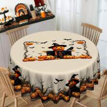 1pc Halloween Tablecloth, Pumpkin, Scarecrow, Ghost, Bat, Vintage Style, Round And Rectangular Tablecloth, Suitable For Halloween Decoration, Autumn Decoration, Farmhouse Decor, For Indoor And Outdoor Daily Gatherings, Lunch And Dinner Use