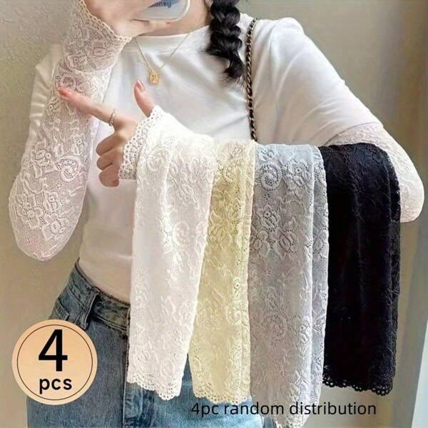 4pcs Lace Sun Protection Arm Sleeves For Women - Elegant & Breathable Knit Fabric, Solid Color Design, Essential For Summer Outings | Graceful Sleeve Style | Knit Structure