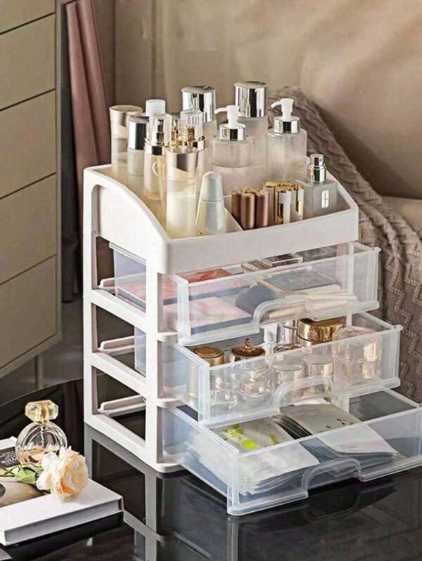 Caja de almacenamiento de maquillaje, organizador de escritorio, tipo cajón a prueba de polvo para lápiz labial, cuidado de la piel, brochas de maquillaje, peine. Cesta de almacenamiento de productos de cuidado de la piel y limpiador facial para el baño. Organizador de caja para control remoto, palillos de dientes para la mesa de té de la sala de estar. Organizador de control remoto, cargador, estuche para teléfono para la mesita de noche del dormitorio. Organizador de almacenamiento a prueba de polvo, ahorro de espacio