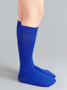 1 Pair High Elastic Breathable Football Socks, Solid Color Mid-Calf Sports Socks For Teenagers & Kids - Blue - View 6