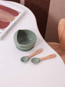 3件套个性化定制名字和图案婴儿硅胶吸盘碗木柄叉勺定制餐具套装适用于婴幼儿餐具