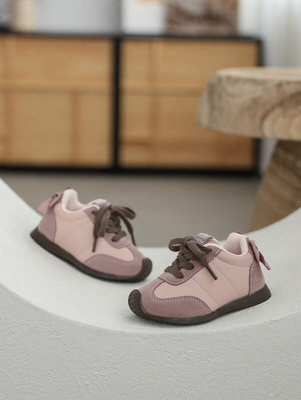 1 Pair Of Girls' Bow PU Hook And Loop On/Off Design Flat Casual Sports Shoes Suitable For Spring And Autumn, Suitable For School Start