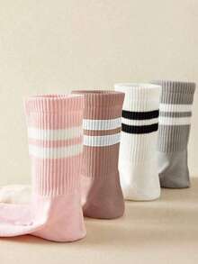 5 pares de calcetines de moda a rayas de unicolor para mujer, suaves, cómodos y transpirables, calcetines casuales de tubo medio, adecuados para uso diario | Calcetines de marinero a rayas de colores, adecuados para Halloween