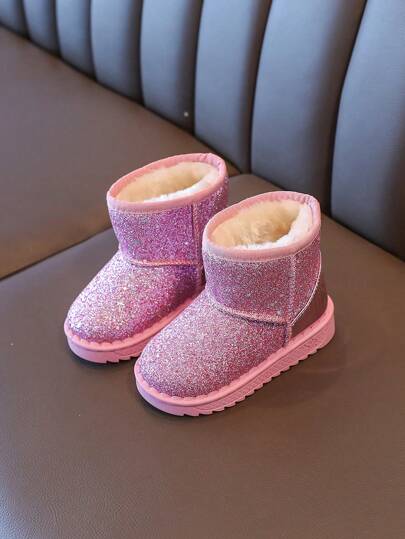 Botas de nieve para niños, nuevas botas cálidas con decoración de lentejuelas para otoño/invierno, botas cálidas para niñas pequeñas, botas de felpa suave de suela blanda para niños, para uso diario casual, rendimiento, fiesta, versátil, ligero y cómodo