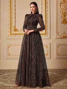 女士优雅 V 领长袖鸡尾酒会连衣裙，采用闪亮面料拼接，公主风格 - 棕色 - 查看 4