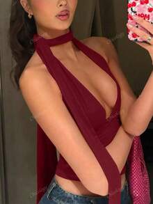 Cropped Top With One-Shoulder Tie, Various Spring/Summer Usage Options - Màu Đỏ Sâu - Xem 2
