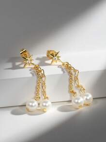 Charm-In 1 Pair Elegant 18K Gold Plated Brass Earrings With Zirconia And Faux Pearl, Gift For Friends, Family, Holidays - Earring - View 2