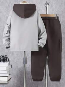 2pcs Boys' Casual Outdoor Printed Color Block Hooded Fleece Zip-Up Jacket And Drawstring Pocket Pants Set, Autumn/Winter