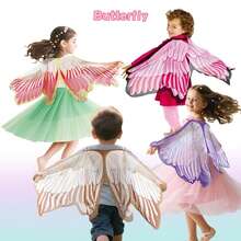 儿童仙女翅膀斗篷服装装扮玩具，多色鹰翼，适合生日、节日、万圣节、舞台表演 - 彩色 - 查看 1