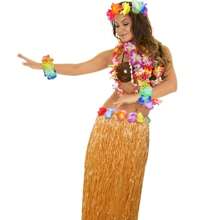 A Set Hula Outfits Hawaiian, Hawaiian Flower Skirts For Women Dress Outfits Tropical Grass Skirts Fortuning'S Costume For Beach Party Favors Halloween Cosplay,Grass Skirt Flower Accessories In Yellow, Green, And Rose Red.