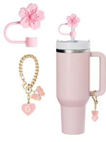 3 件/2 件适用于 30-40 盎司杯子的配件、粉色字母杯标记和硅胶芙蓉花吸管盖、硅胶防滑防刮保护套、可重复使用的 10 毫米大直径吸管吸管盖、适合现代简约玻璃杯的可爱字母装饰