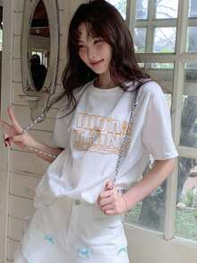 2025 Women's Short Sleeve T-Shirt Printed Casual Holiday Style 200g 100% Cotton Top - 白色 - 查看 1
