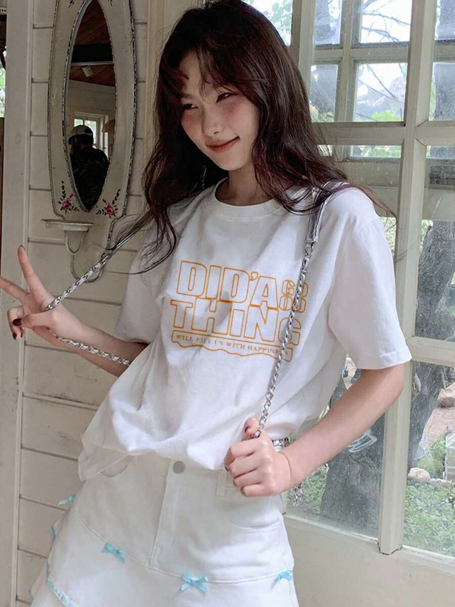 2025 Women's Short Sleeve T-Shirt Printed Casual Holiday Style 200g 100% Cotton Top - 白色 - 查看 1