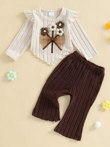 Toddler Girl Fall Outfits Crochet Flower Long Sleeve Round Neck Pullover + Elastic Waist Ribbed Flare Pants 2 Pcs Set