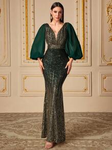 UNITHORSE Elegant V-Neck Chiffon Lantern Sleeve Ombre Sparkling Ruched Waist Bodycon Formal Evening Gown, Party Dress, Wedding Guest Dress, Evening Dress, Bride Dress, Birthday Women Outfits, Graduation Dress, Fall Women Clothes