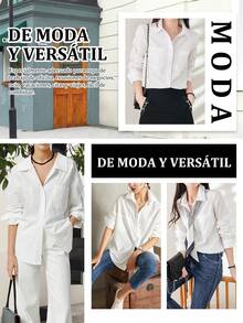 Camisa informal de manga larga ajustada para mujer, diseño de cuello alto, con bolsillos laterales dobles, adecuada para oficina, ocio y uso diario - Blanco - Ver 8