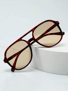 1pc Unisex Double Bridge Large Frame High Quality Minimalist Fashion Glasses, Suitable For Travel, Vacation, Casual, Party, And Daily Wear - Red Tortoise Shell Frame Tea - View 3