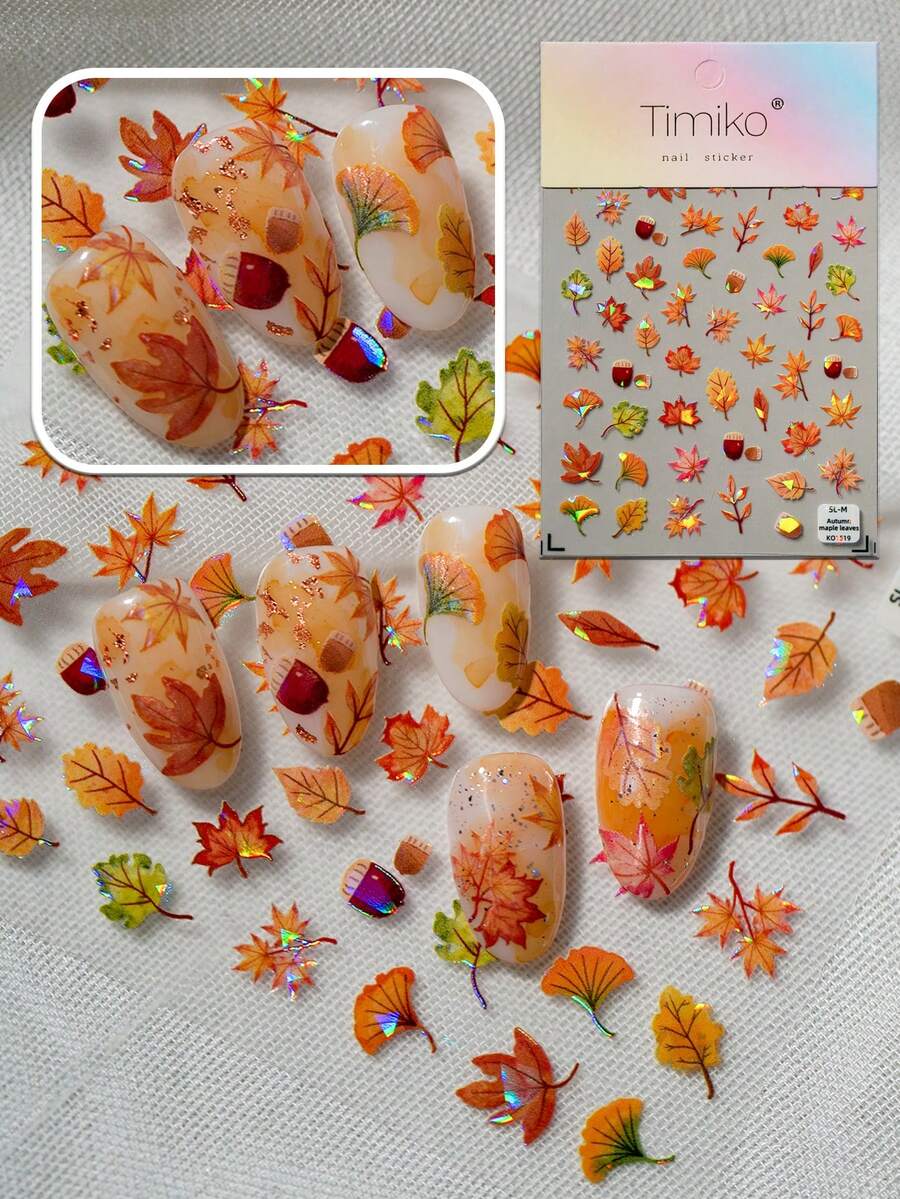 1 秋冬季节，激光和贝壳灯美甲贴纸，采用黄色和红色设计风格以及温暖的枫叶风格颜色，适合美甲爱好者收藏和女士和女孩DIY使用