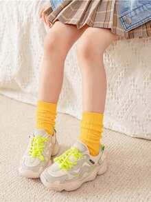 1 Pair Children's Colorful Mid-Calf Socks, Solid Color Vertical Striped Girls' Knee-High Socks, Fashion Versatile Candy Color Crew Socks, Suitable For 3-8 Years Old Boys And Girls - Multicolor - View 3