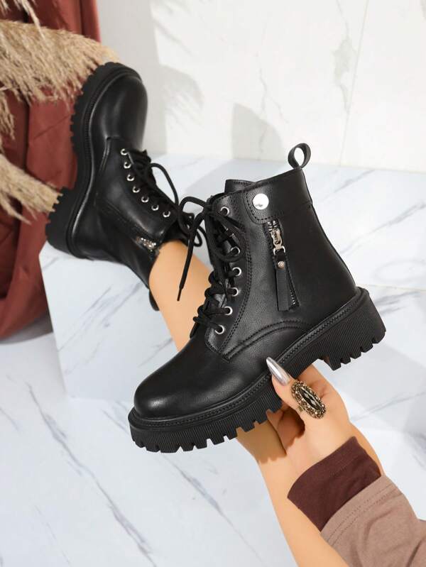 Women's Lace-Up Side Zipper Black Motorcycle Boots, Comfortable Warm Solid Color Boots For Autumn/Winter, Suitable For Pairing With Hoodies, Fall Outfits, Valentine's Day