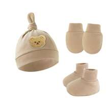 3pcs Baby Bear Ear Hat, Scratch Mittens & Booties Set, Suitable For 0-6 Months Infants - 3PCS Chirp - View 3