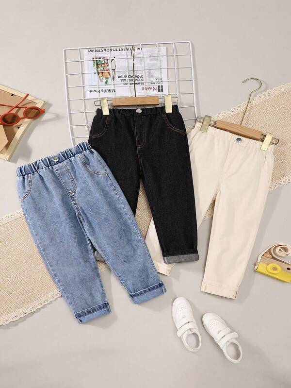 3pcs Boys' Multi-Color Washed Casual Jeans, Elastic Waist Sports Pants For Little Boys, Spring Autumn Vacation Outerwear