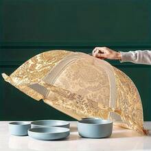 1pc Flower Embroidered Food Cover - Gold - View 1