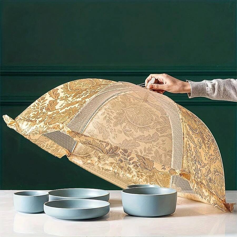 1pc Flower Embroidered Food Cover - Gold - View 1
