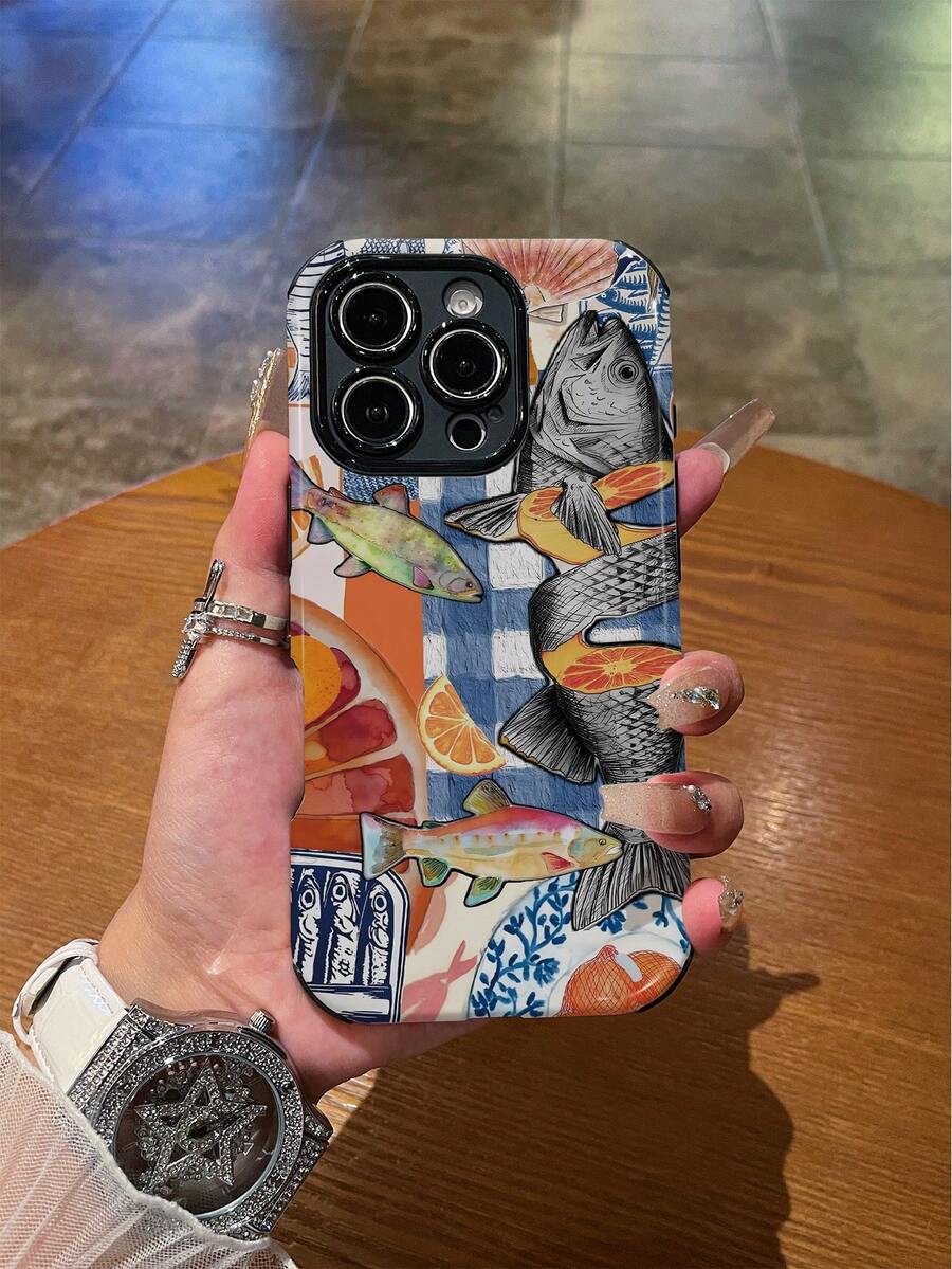 1pc Orange Fish Pattern Shockproof Anti-Slip Soft TPU + PC Hybrid Phone Case Compatible With IPhone 11/12/13/14/15/16/16 Plus/16 Pro/16 Pro Max - Multicolor - View 1