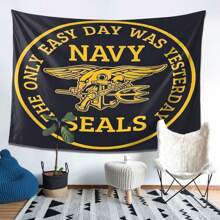 Navy SEALs Tapestry Wall Hanging - Bold Yellow Text & Emblem On Black Background, Peach Light Beige Polyester Fabric, Horizontal Home Decor For Bedroom, Living Room, Office - Military Pride Gift For Service Members & Veterans, Patriotic Design, Highquality Print, Patriotic Gifts, Bedroom Decoration, Premium Fabric, Armed Forces Fans