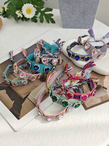 1pc Valentine's Day Y2K Creative Fashion Romantic Bohemian Chic Hip Hop Style Alloy Rhinestone Heart Woven Tassel Bracelet, Suitable For Valentine's Day, Daily Dates, Parties, Holidays, Summer Vacations, Adjustable Size, Red Accessory - Braided Tassel Bracelet - View 5