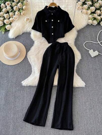 2 Stücke/Set Damen Einfachreihiger Top + Lässige Weite Hose