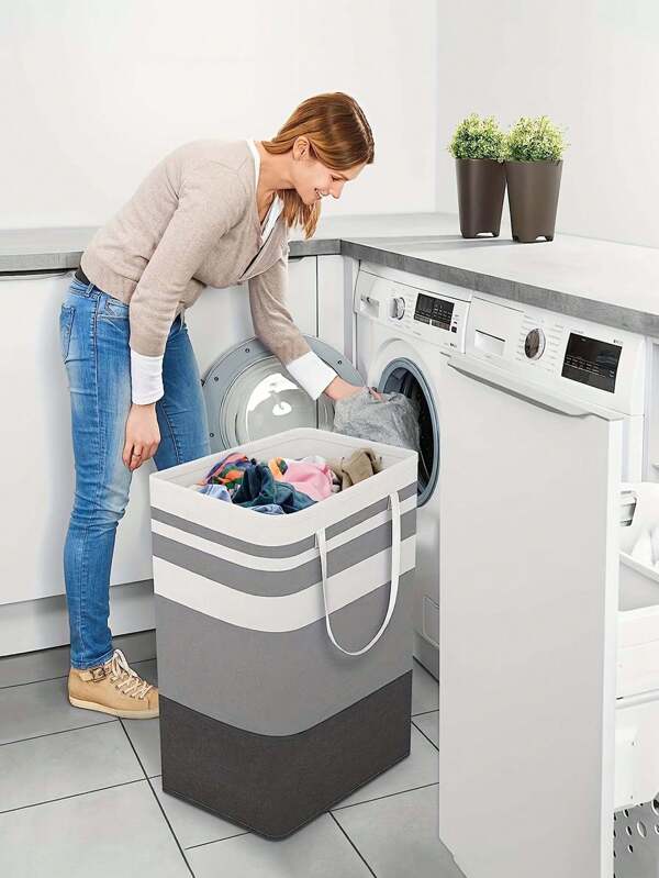 1 Large Clothes Basket, Fabric Storage Bag, Fabric Storage Basket, Folding Dirty Clothes Basket, Striped Dirty Clothes, With Expandable Folding Clothes Rack, Suitable For Dormitory And Home Use - Gradient Gray, 19.81 Gallons 72 Liters, Very Suitable For Storing Clothes, Cotton Quilts, Moving, Hotel Laundry Basket, Back To School Season, Christmas