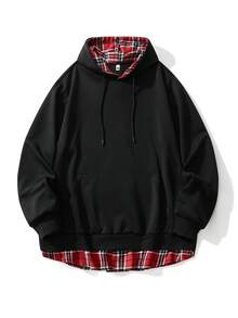 Felpa con cappuccio nera oversize, casual a quadri 2 in 1, adatta per primavera e autunno