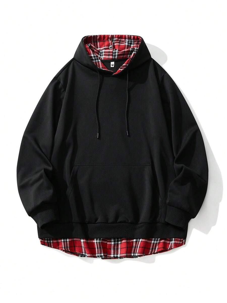 Felpa con cappuccio nera oversize, casual a quadri 2 in 1, adatta per primavera e autunno