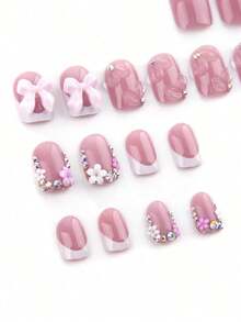 Instantly Upgrade Your Look With 24pcs Short Square White French Style Sweet 3D Pink Floral Petal&3D Bow-Knot Laser Glitter  Rhinestone Nail Charms Homemade Full Cover Fake Press On Nail Kit Suitable For Daily Spring Will Give Your Look A Romantic