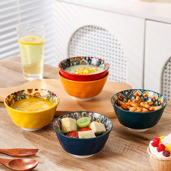 Kleines Keramik-Haferflocken-Servierschalen-Set 1/2/4 Stücke, bohemisches Dessertschale, 12 Oz bunte Boho-Geschirr, ofenbeständig, spülmaschinenfest und mikrowellengeeignet für Eis, Reis, Suppe, Backen, Sweese, Salat, Getreide, Obst