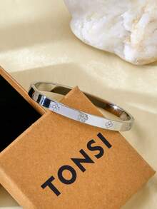 TONSI 1pc Stainless Steel 18K Gold Plated Snap Cuff Bracelet, Clover Element Cubic Zirconia Inlaid, Women Jewelry Gift Box, Birthday/Holiday Gift - Bracelet Gift Box - View 9