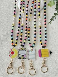 1pc Retractable Lanyards For Id Badges Teacher Lanyard With ID Holder Acrylic And Wooden Beaded Lanyard For Keychain Personalized Gift For Women Car Accessories Bag Charm School Bag Charms Car Accessories Friend Sister Gift Ideas - Multicolor - View 2