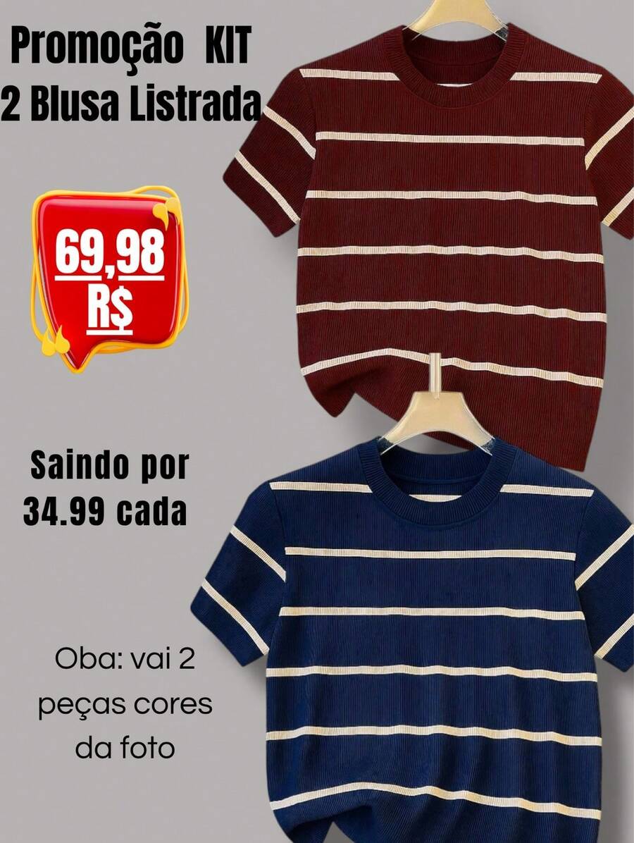 Women's Striped Short Sleeve Basic Cotton Blouse - 條紋套裝 2 1 瑪薩拉色 1 海軍藍 - 查看 1