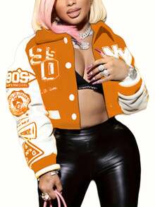 CharmGlow Chaqueta bomber con estampado NY de para mujer, estilo corto sexy y solapa con bloques de color. - Naranja - Ver 1